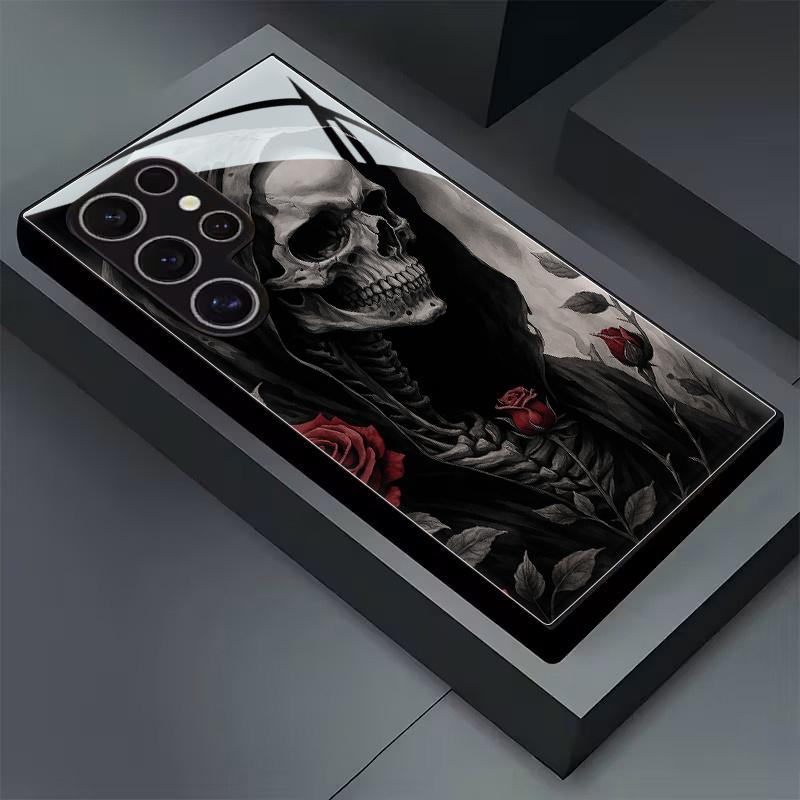 Skull Rose Pattern Glass Phone Case Suitable for Samsung Galaxy S26 S25 S24 S23 S22 S20 FE/Ultra/Plus Anti Drop Back Cover