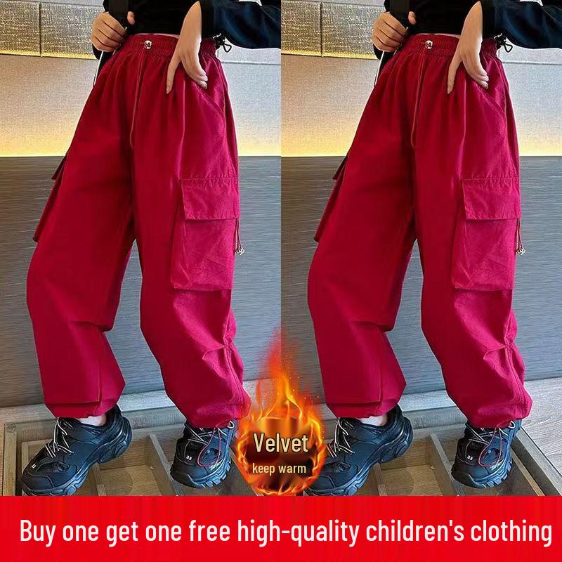 Girls' Autumn/Winter Velvet Cargo Sweatpants with Big Pockets - Trendy and Warm Style