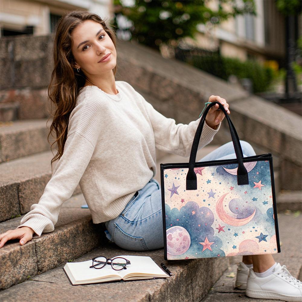 Cute Moon Star Printed Tote Bag for Women Fashion Large Capacity Casual Handbag for Daily Shopping Travel Work