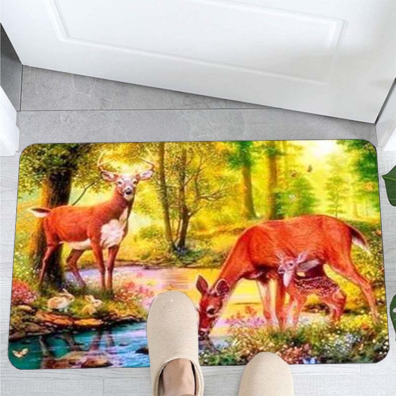 Deer Carpet Cartoon Elk Moose Pattern Carpets Kitchen Mat Bedroom Living Room Doormat Home Hallway Balcony Anti-Slip Floor Mat