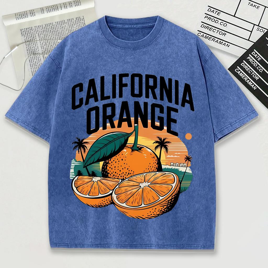 California Orange Pattern Washed T Shirt Men Summer Breathable O-Neck Tops Cotton Loose Short Sleeve Soft Unisex Tee Shirts