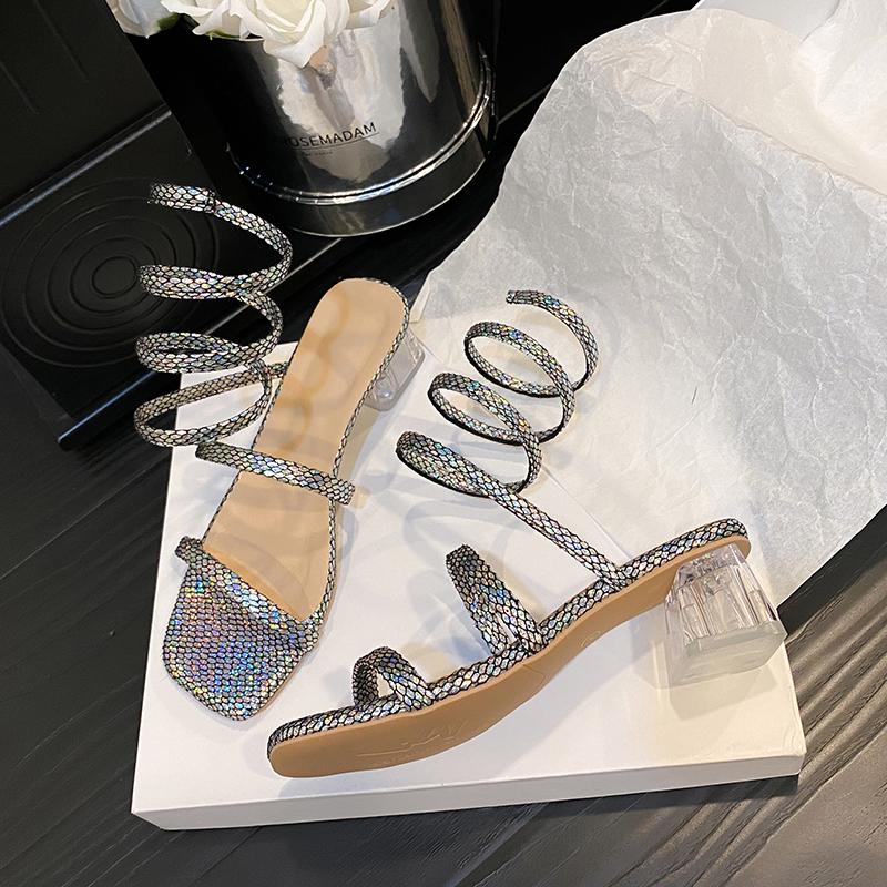 

Летние змеиные женские босоножки на массивном каблуке с кристаллами и открытым носком Lucency, женская модная обувь на каблуке, женские сандалии