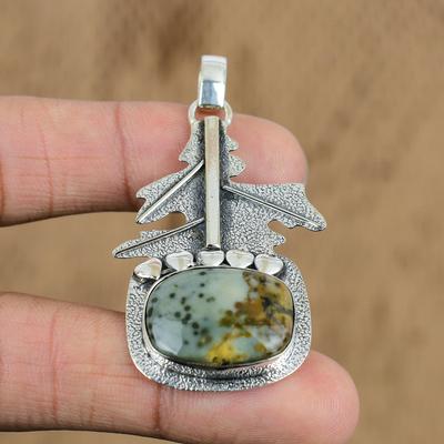 Φυσικό Πέτρωμα Ιάσοπα Ωκεανού Κρεμαστό Πράσινο 925 Ασήμι Στερλίνας Ινδικά Κοσμήματα