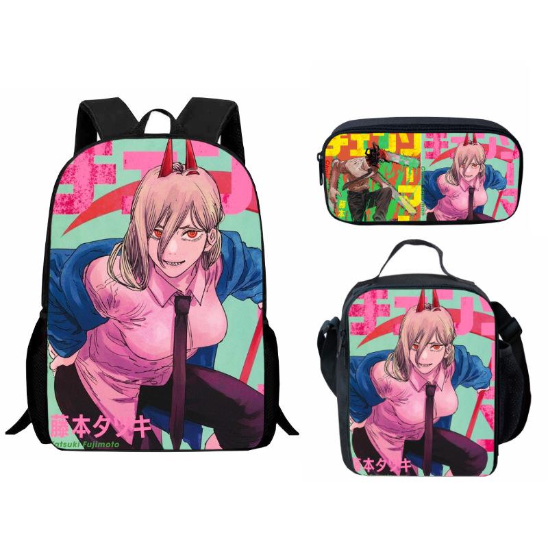 Printed Day Man Two-Dimensional Chainsaw Man Student Schoolbag Three-Piece Cartoon Backpack Lunch Bag
