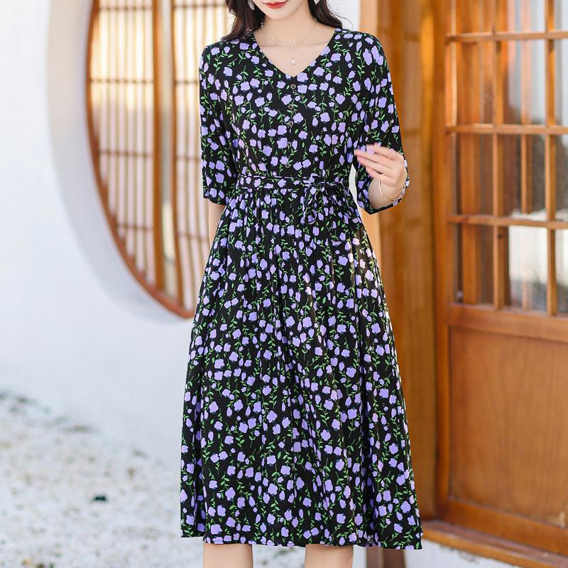 Elegant Women's Summer Dress Plus Size Half Sleeve Vintage Print Long Dresses Female Summer Clothes