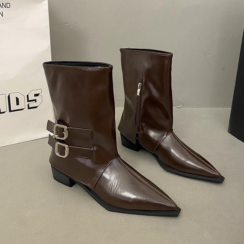 New short boots women's boots medium tube pointed head belt buckle spring and autumn knight boots trouser tube thick heel boots fashion sleeve