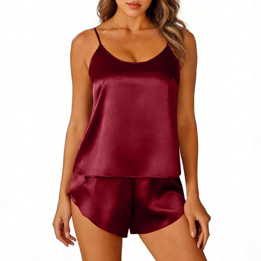 Women's Fashion Casual Satin Backless Strappy Bodysuit With Rear And Shorts Pajama Set