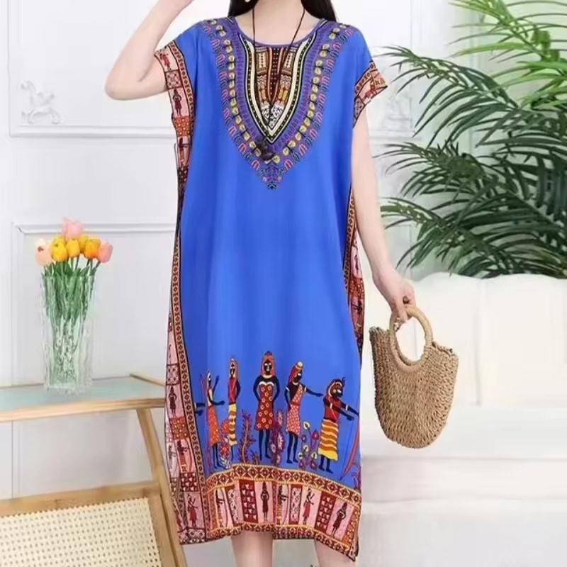 Casual Elegant Bohemian Printed Ethnic Style Retro Floral Woman Summer Street Wear Batwing Sleeve Loose Tunic Maternity Dress
