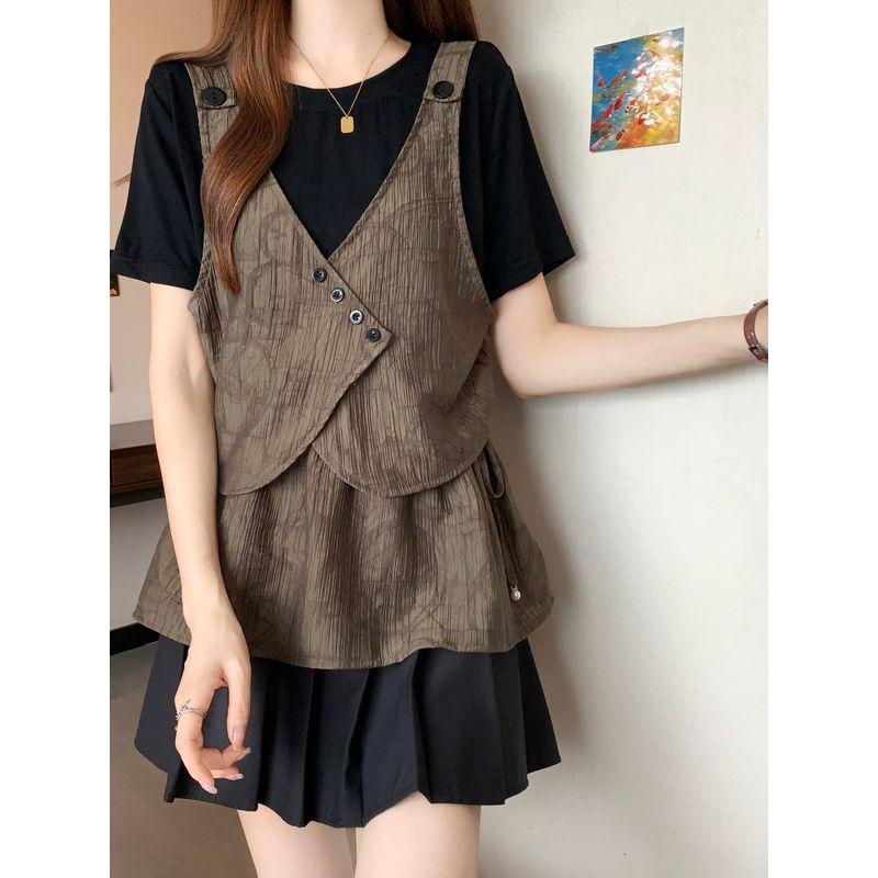 Plus Size Summer Patchwork Shoulder Fake Two Pieces Short Sleeve Bottoming Shirt Fat Sister Stylish Niche Style Cinched Slimming Pullover