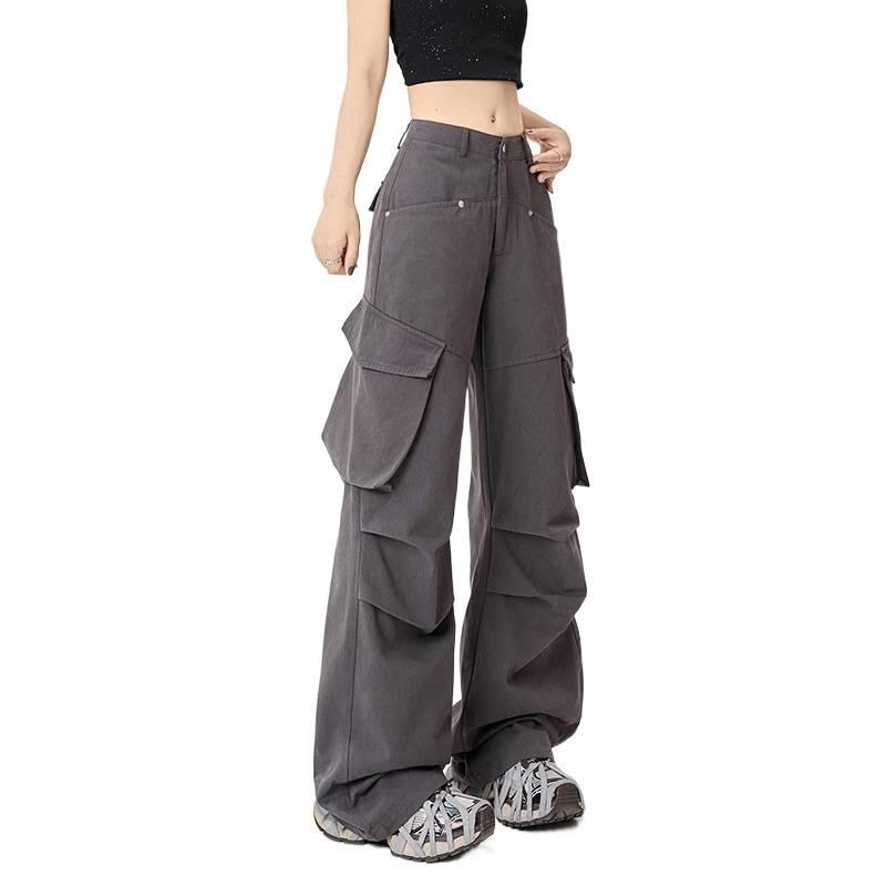 Women's Retro Multi-pocket Cargo Flare Pants - Cool, Loose Streetwear Pleated Style