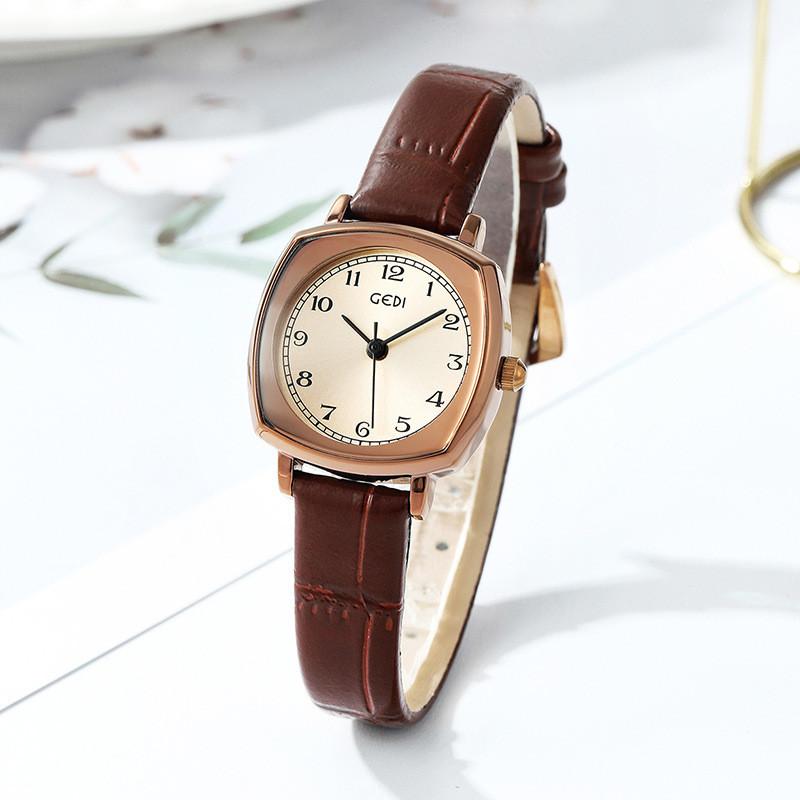 Retro-Quadratuhr für Damen mit Quarzwerk und Lederarmband