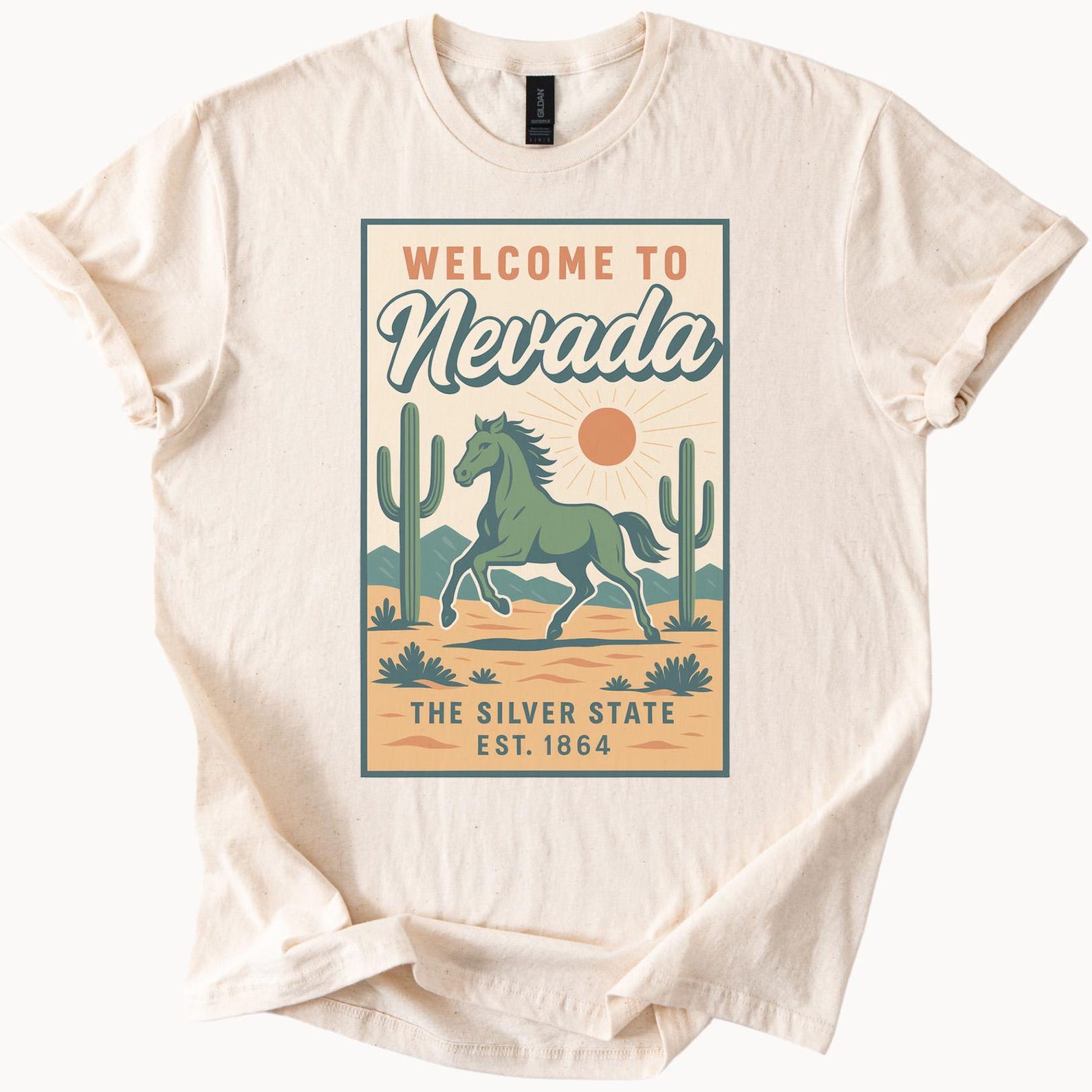 Nevada State Graphic T Shirt Wild Horse Desert Cactus Welcome to Nevada Souvenir Tee The Silver State Established 1864 Scenic Art Apparel 110