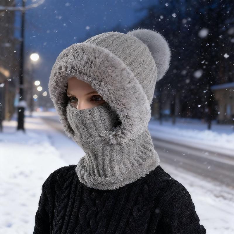 Women Hooded Cap Winter Knitted Balaclava Hat Ear Protection Fluffy Hat Lady Mask Neck Integrated Warmth Cover Hat