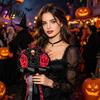 Gradient Ribbon Flowers Gothic Wedding Bride Bouquet Artificial Black Red Rose Flower Bouquet Punk with Skeleton Hand Pumpkin Skull for Bridal