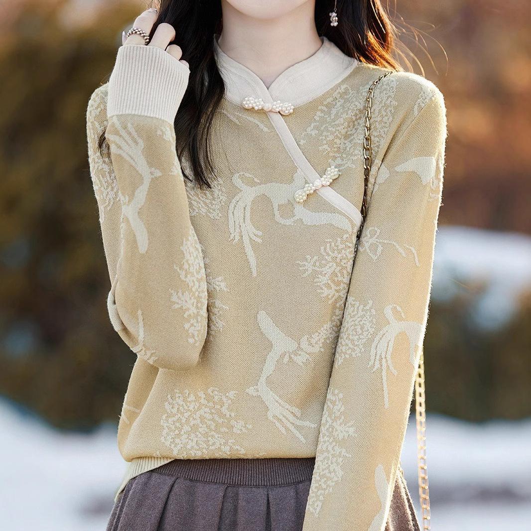 

Chinese-style Knitted Sweater, Women s Button-up Floral Jacquard Stand-up Collar Spring Retro Base Layer M чистий білий колір