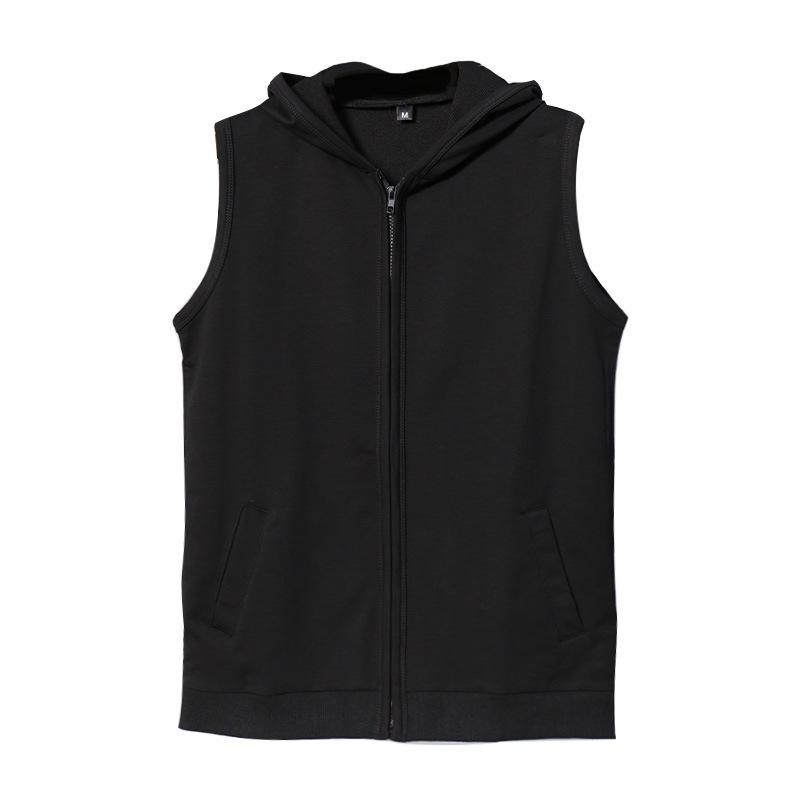 European and American men s zipper vest solid color large size sleeveless outer wear hooded vest thin coat M чёрный