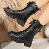 Fashion Women's Black PU Leather Mid Calf Boots Fashion Buckle Strap Platform Combat Boots Women Thick Sole Non Slip Motorcycle Shoes