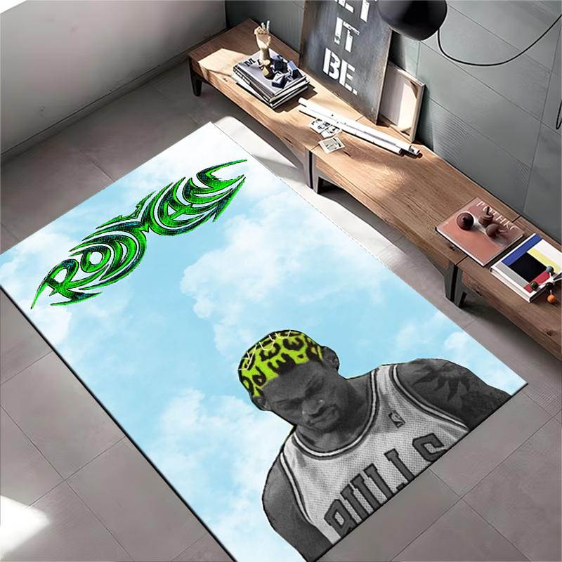 Sports Area Rug, Dennis Rodman Bulls 91 Green Tribal Typography Sky Poster, Fan Cave Decor, Non-Slip Mat