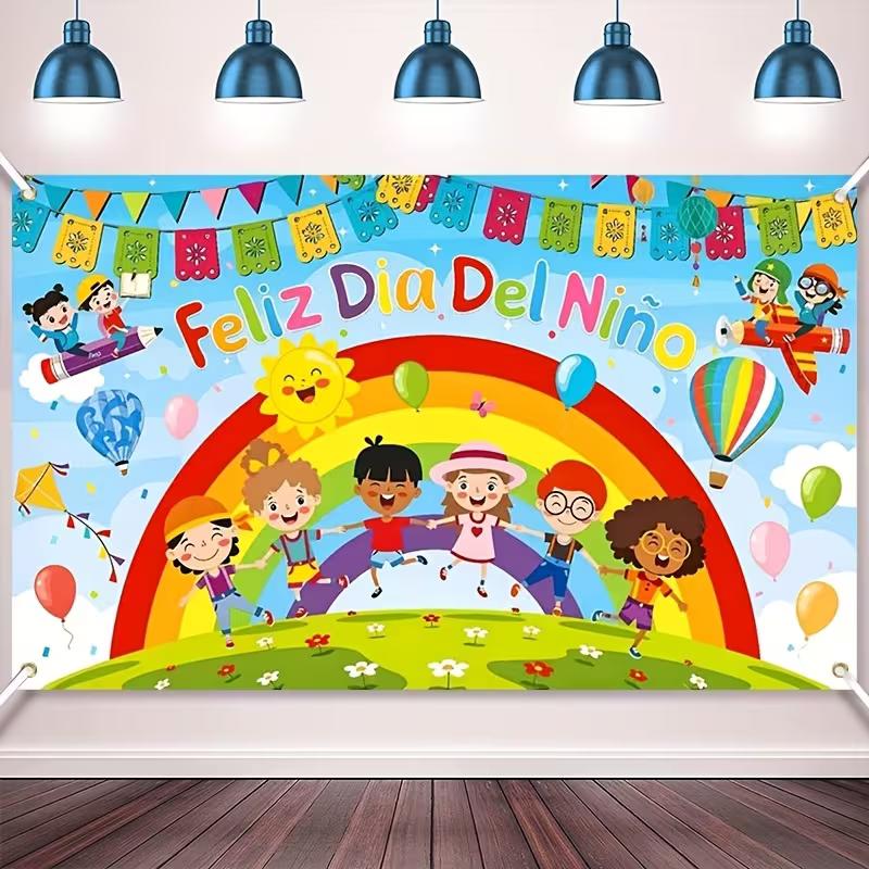 

2D Spanish Children s Day Background Cloth with Feliz Dia Del Niño Text & Kids Banner 47.2x31.5inch/120*80cm