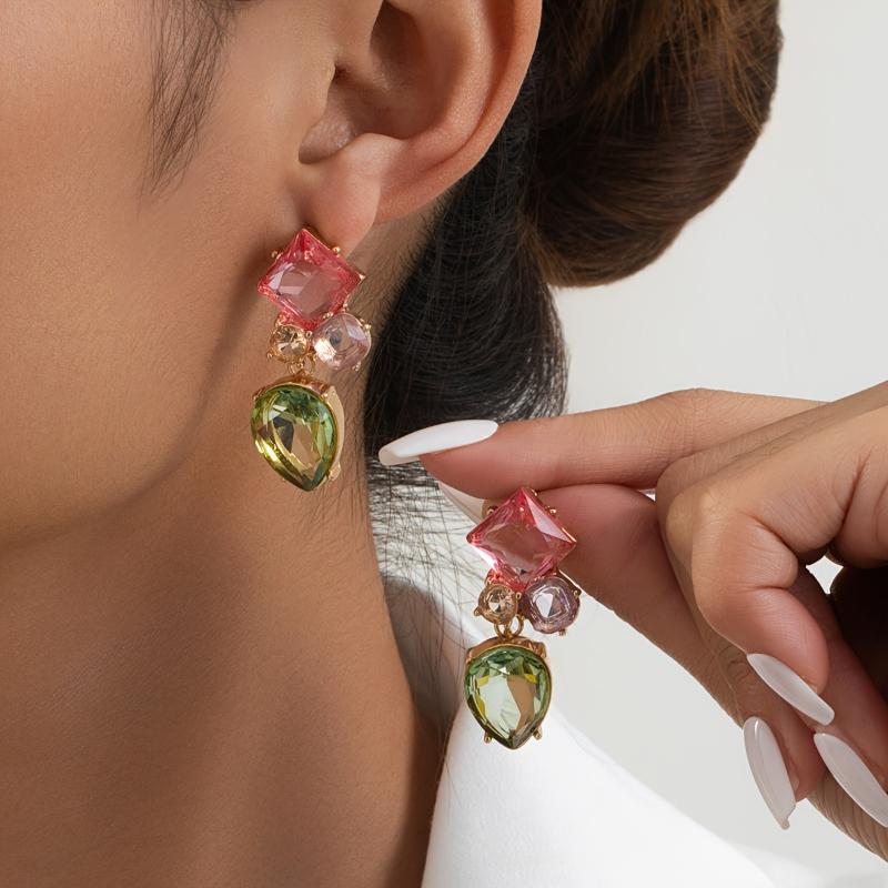 able Exquisite Geometric Colorful Zircon Hanging Earrings for Ladies Elegant Temperament Bride Wedding Jewelry Daily Wear