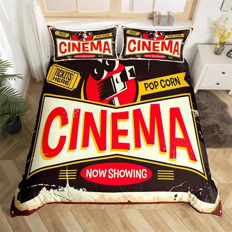 Movie Time Duvet Cover Set Cartoon Popcorn Bedding Set Microfiber Film Pattern Comforter Cover Home Theater Decor Queen Bed Set