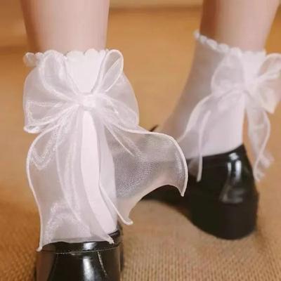 Girls Soft White Lace Lolita Socks Ribbon Bow Socks Women's Mid-Calf Cute Ruffle Frilly Ankle Socks Japanese Style Dress Hosiery