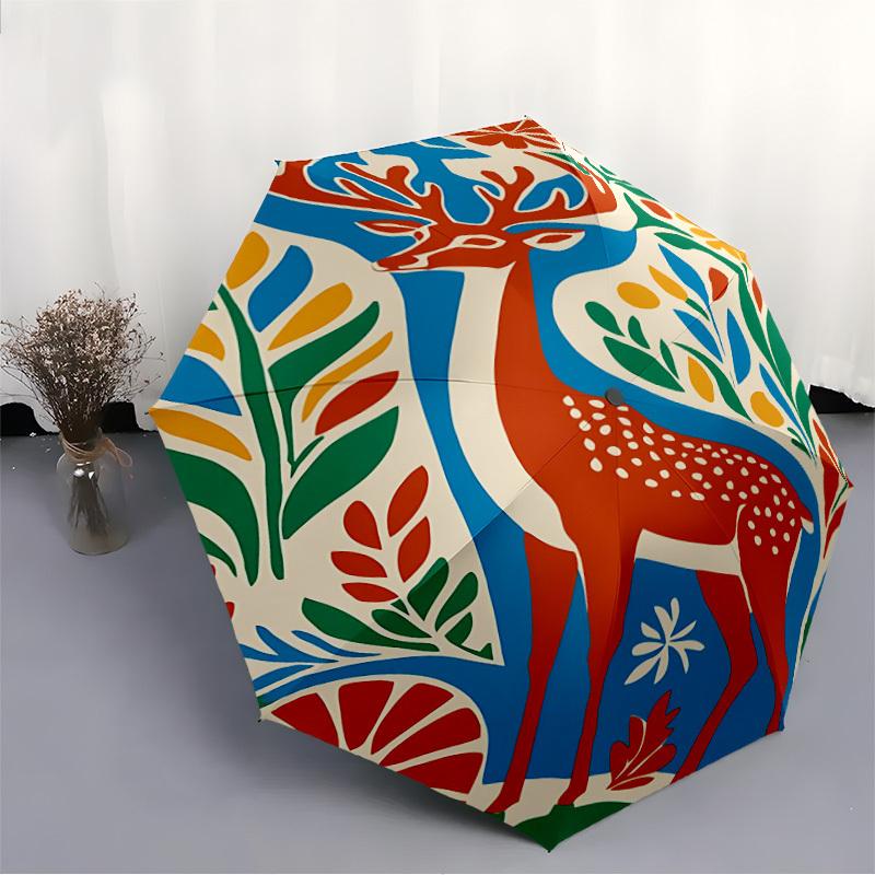 1pc Deer Nature Automatic Folding Umbrella - Windproof Compact Travel Umbrella with Auto Open/Close, 8-Rib Heavy-Duty Shaft for Women/Men A006