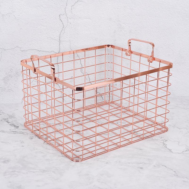 Rose Gold Large Iron Art Storage Basket with Handle - Desktop and Kitchen Organizer