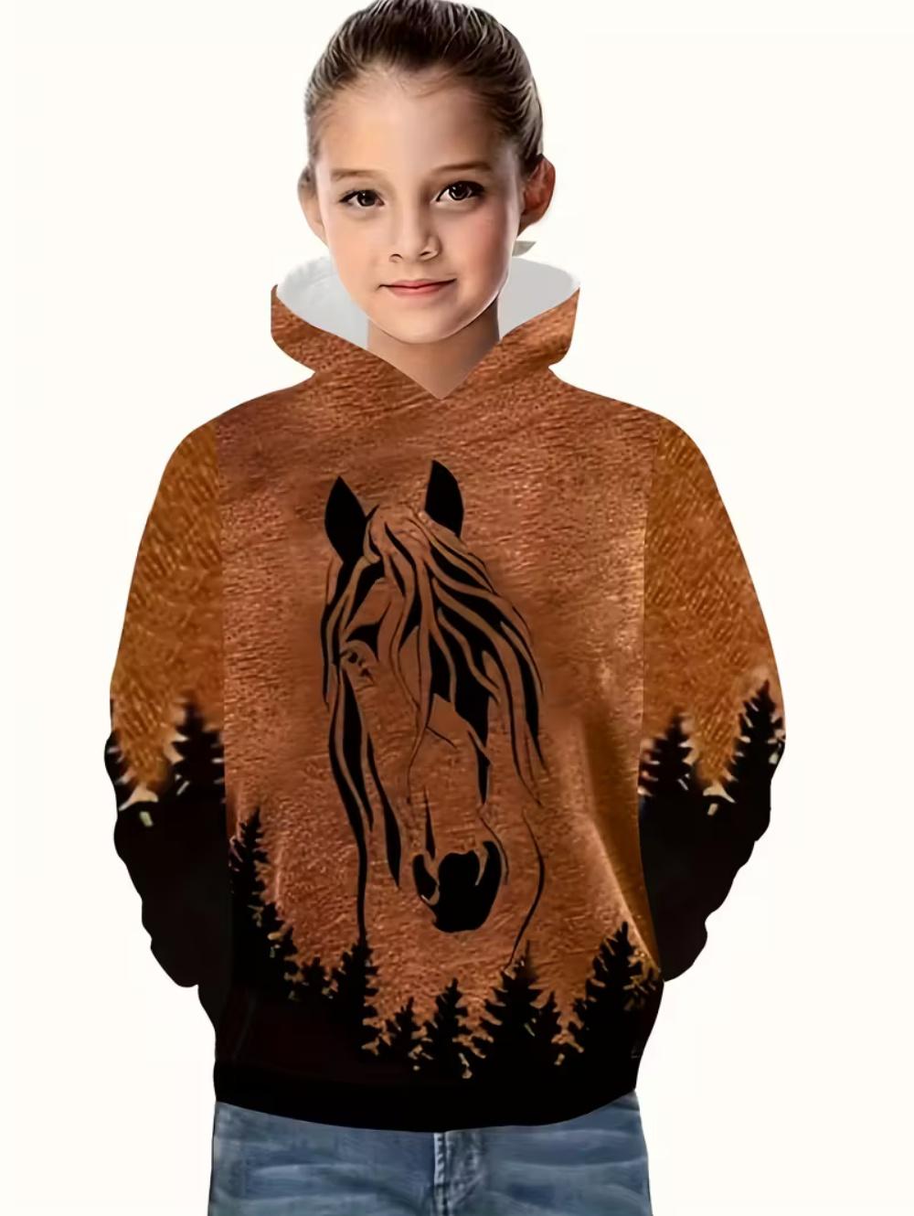 

Girl s 3D Animal Horse Pattern Long Sleeve Hoodie, Comfortable Clothing for Children 100