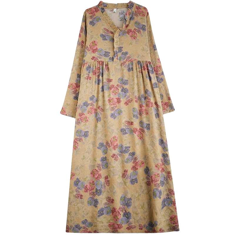 Season's New Vintage Print Loose Hem Long Dress