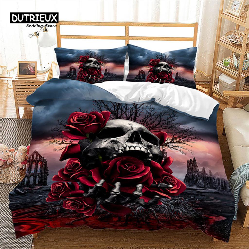 Dunkler Totenkopf Bettbezug Mikrofaser Gothic Skelett Bettwäsche Set Horror Thema Bettdeckenbezug Queen Für Teenager Erwachsene Schlafzimmer Deko