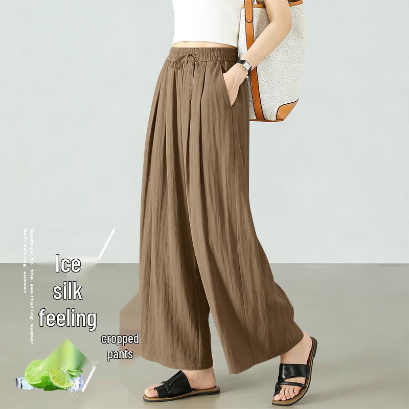 Women's Summer Ice Silk Cropped Loose-Fit Plus Size Pants, Elastic Waist & Petite 8-Point Casual Thin Pants