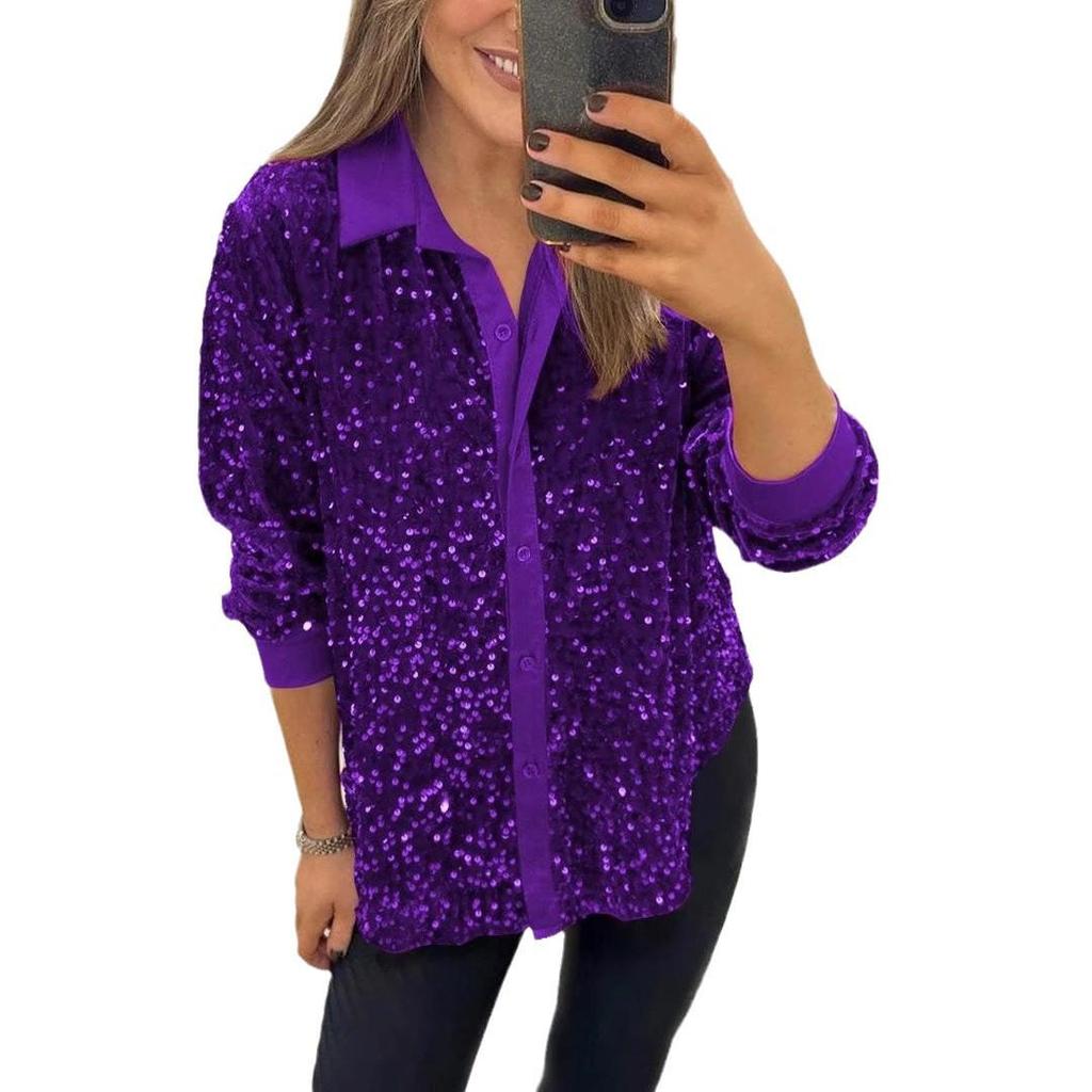 Camisa de Lentejuelas para Mujer Otoño/Invierno 2024 - Manga Larga, Corte Holgado, Estilo Casual