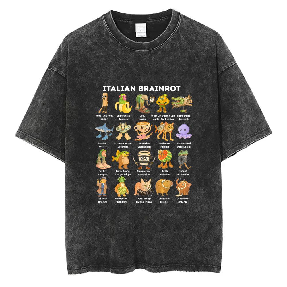 Italian Brainrot Funny Meme Vintage Washed T-shirt Six Seven 67 Tshirt Men Women Casual Humor T Shirts Male O-collar Cotton Tops
