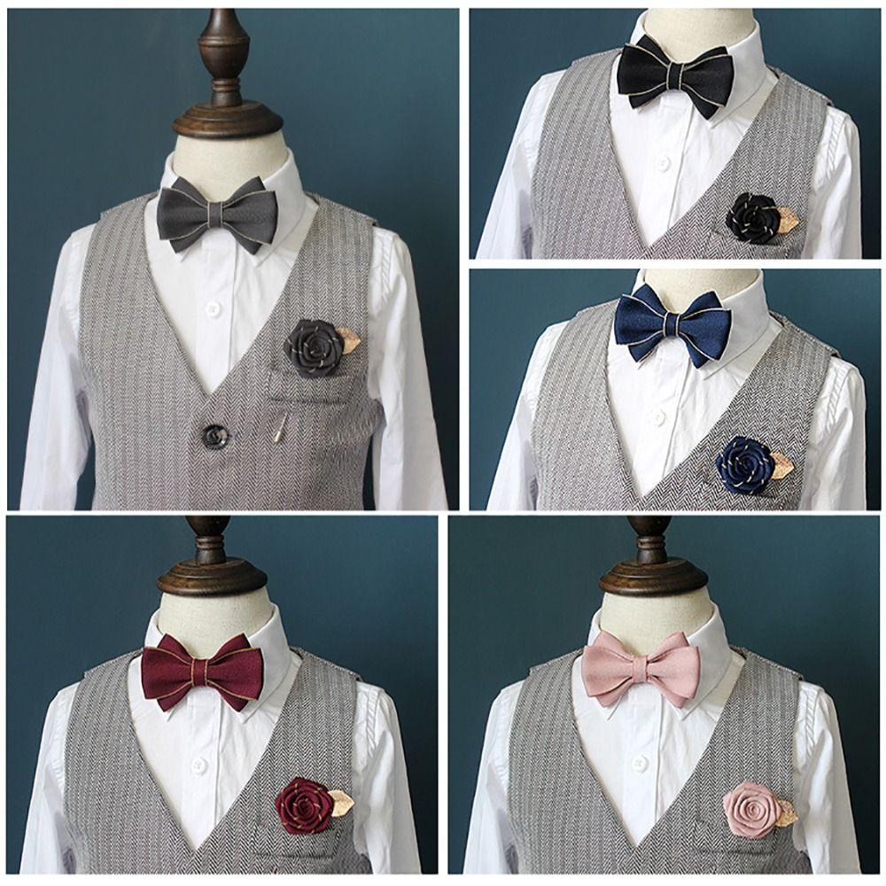 Polyester Neck Collar Adjustable Ribbon Bowtie Fashion Bow Tie Brooches Set  Business