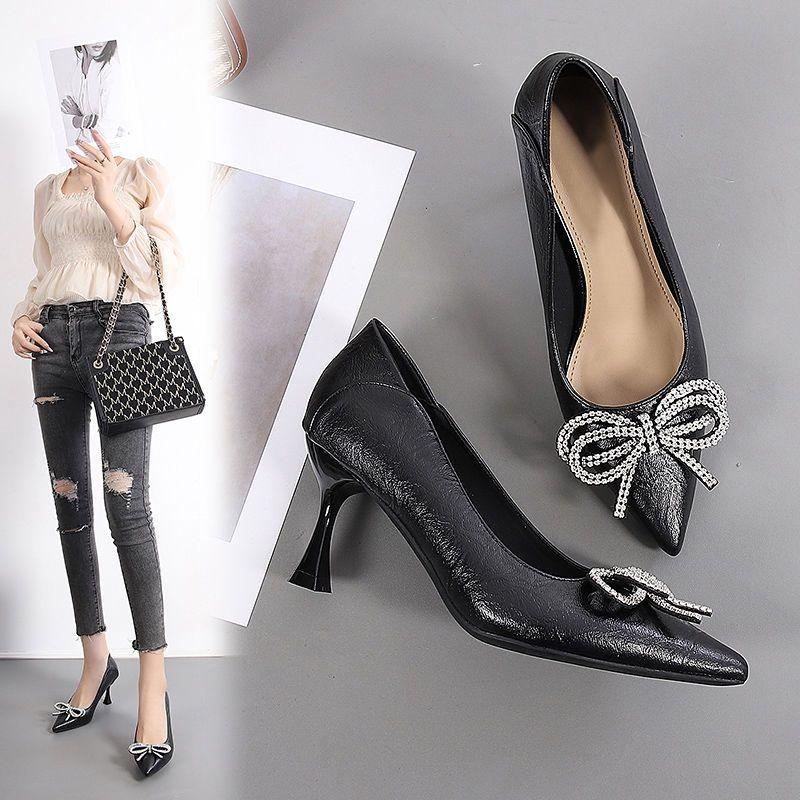 High Heels Feminine Temperament Rhinestones Spring and Autumn Pointed Thin Heels Work Shoes