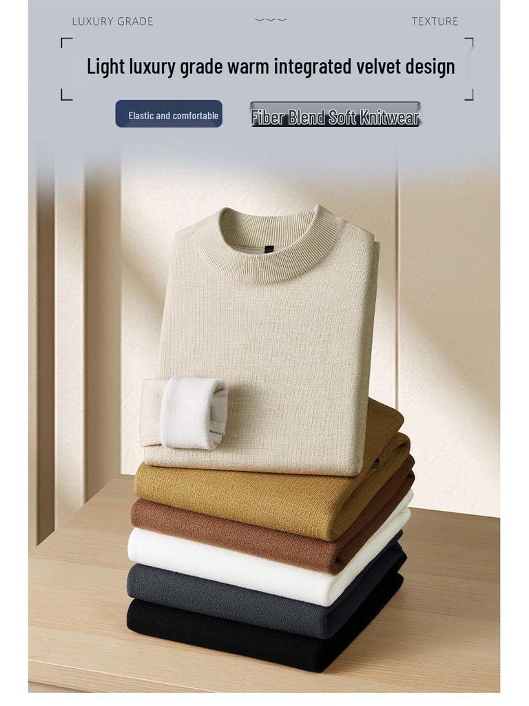 Men's Plus Velvet Half-High Collar Knit Sweater - Anti-Pilling Dobby Fleece, Solid Color for Autumn/Winter