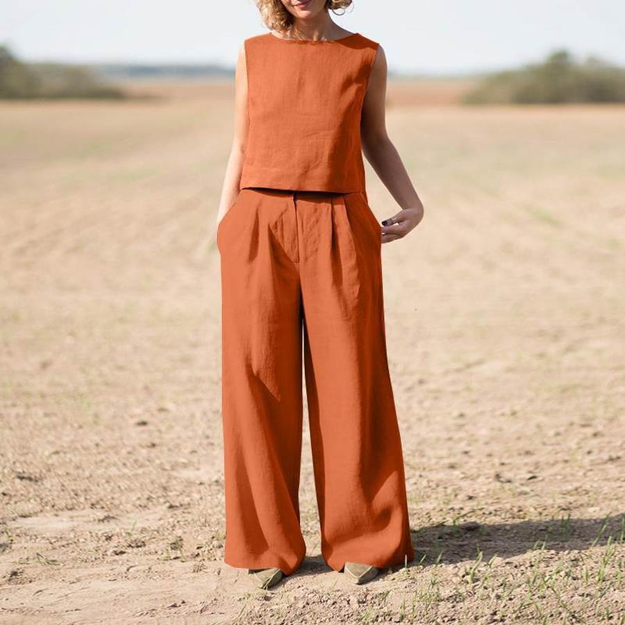 Plus Size Women's Clothing Set, Solid Color Chinese Style Retro Pants, Cotton Linen Casual Long Sleeve Loose Cotton Set