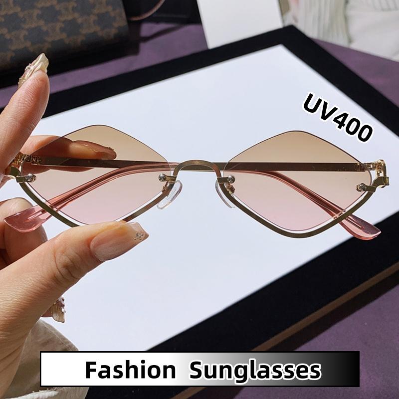 Stylish Half Frame Rhomboid Sunglasses Metal Small Frame UV Protection Trendy Concave Design for Photography