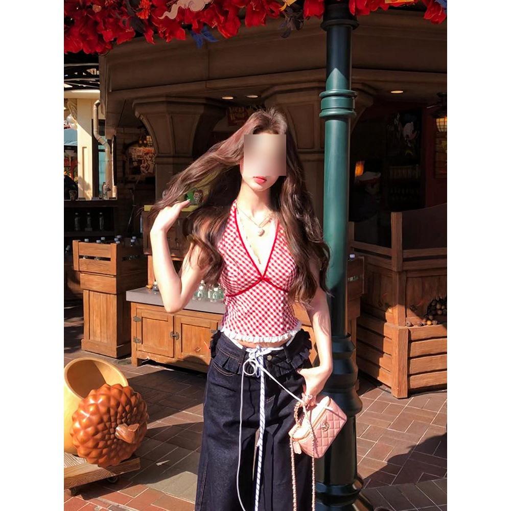 

Women s Sexy Red Plaid Halter Camisole with Lace Splice L (50-55 kg)