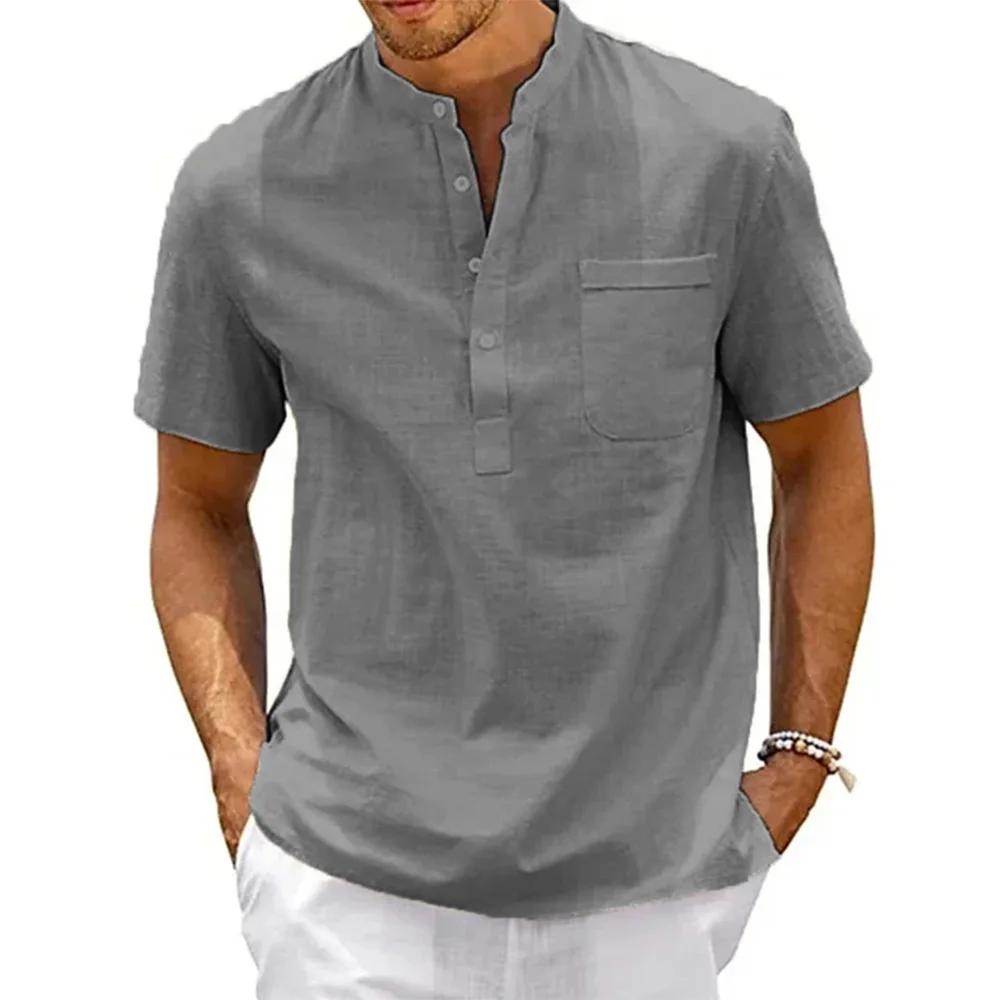 Camisa de Lino Algodón Hombre Cuello Henley Bolsillo Casual Playa Manga Corta Color Sólido Tops Camisetas Vintage Streetwear