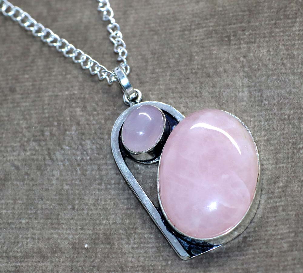 Locket Heart Kunzite Rose Quartz 925 Silver Plated Necklace 17" Trendy l8H39