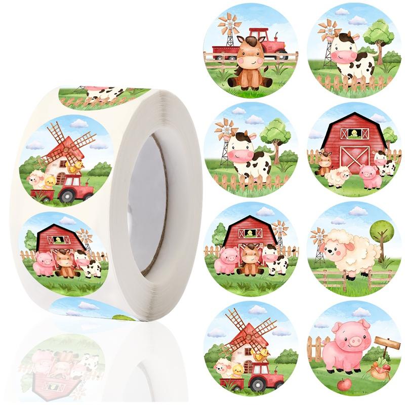500pcs/roll Farm Animal Stickers Candy Bags Sealing Sticker Animal Stationery Stickers Farm Themed Brithday Party Decortions