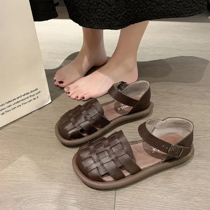 new Women's Summer Zapatillas De Mujer Shoes Square Toe Flat Sandals Leather Women Gladiator Sandals Slip on Ladies Beach Shoes