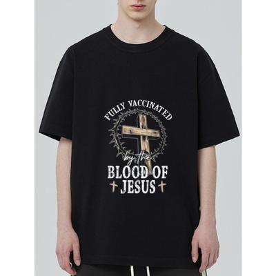Schwarzes T-Shirt Vollständig geimpft durch das Blut Jesu Kreuz und Dornenkrone Religiöses Grafikdesign für Freizeitkleidung