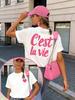 Cest La Vie Heart Graphic Tshirt Unisexs Tshirt With Retro French Letter Print Front Back Spring Summer Daily Wear Tops