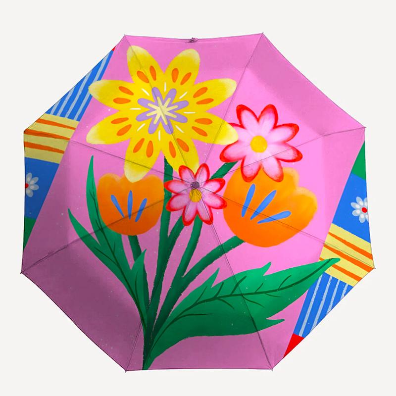 1pc Floral Artwork Automatic Folding Umbrella - Compact 8-Rib Design, Durable Plastic & Iron, Festive Gift, Compact Umbrellan015