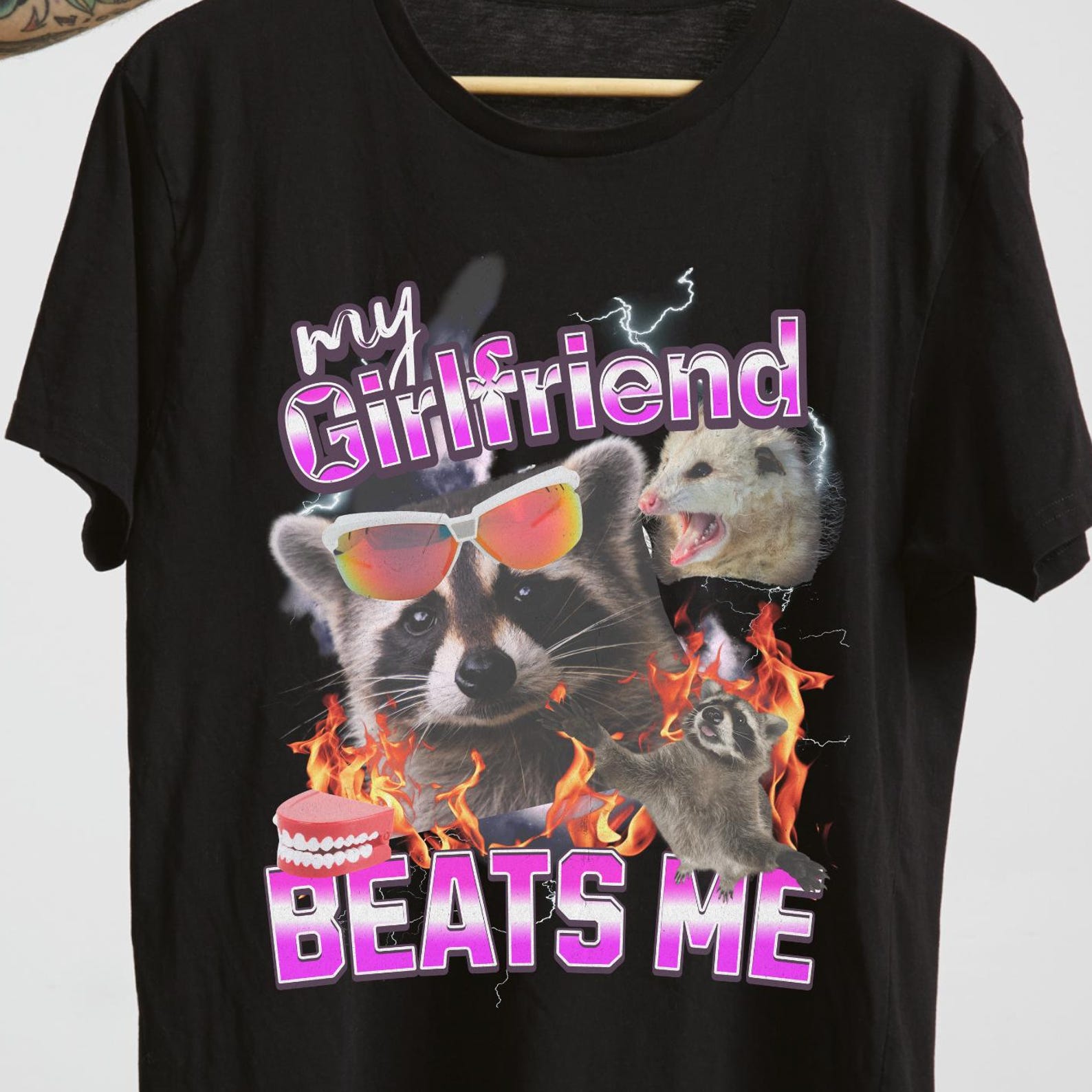 Chaotic Raccoon Meme T-Shirt – Vaporwave Trashcore Humor S