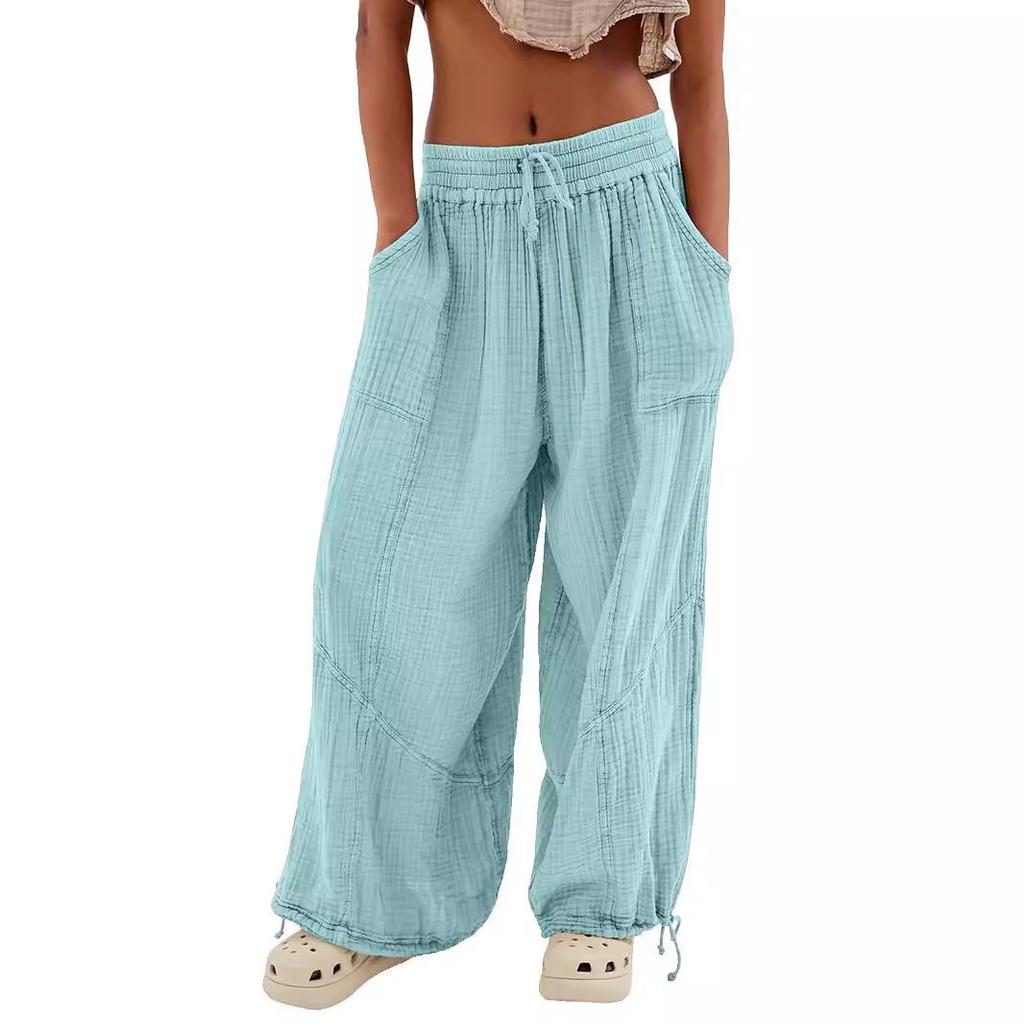 Women Harem Pants Summer Casual Vintage Cotton Linen Pants Elastic Waist Wide Leg Fashion Loose Pockets Female Trousers