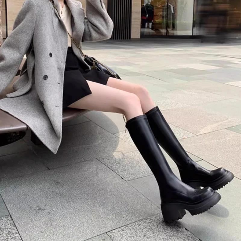 Women's High Over-the-knee Boots Round Head Half-zipper Elastic Thin Thick Bottom Boots Two Heights Optional Fashion Boots Shoes
